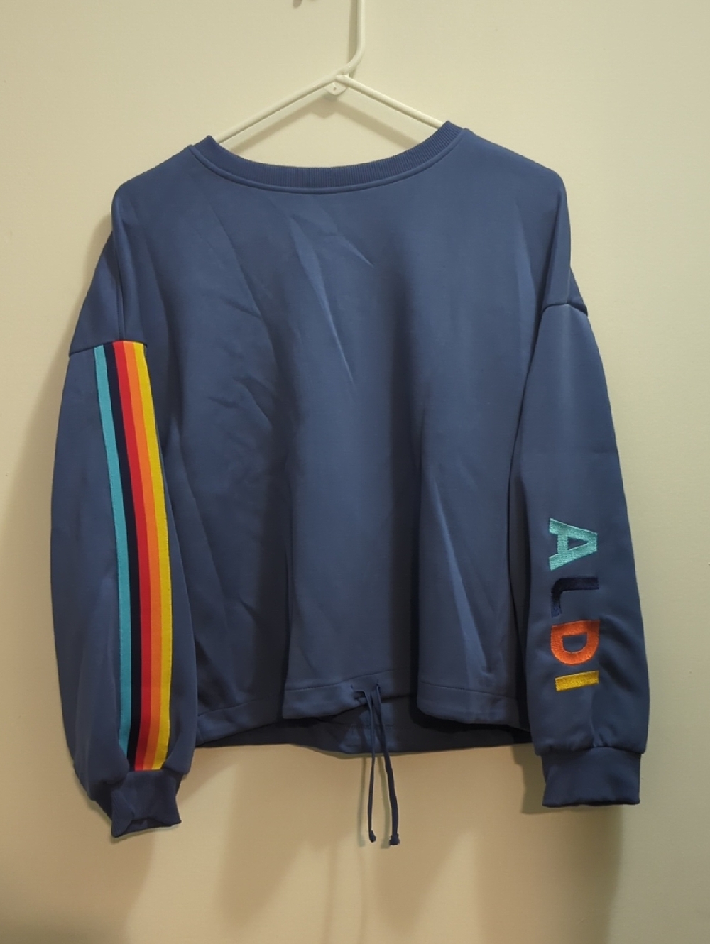 Aldi Gear Blue Crewneck Sweatshirt With Rainbow Siding And Logo